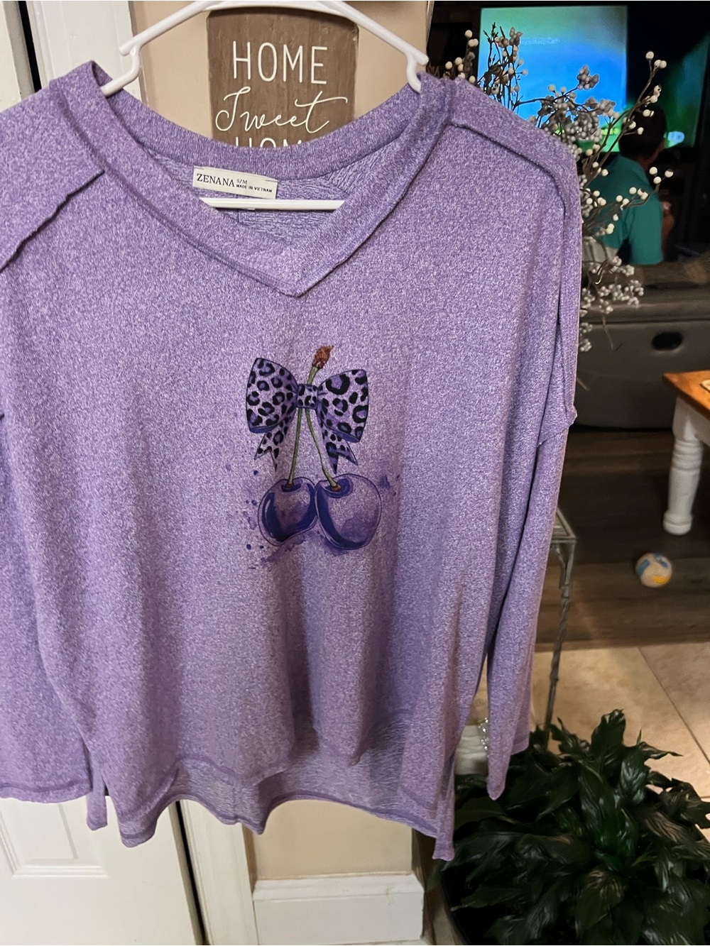 Zenana Outfitters Lavender Cherry Leopard Graphic Scoop Neck Lightweight Sweater - Picture 6 of 7